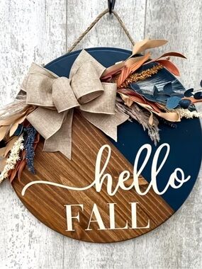 Hello Fall Round Wood Door Sign with Burlap Bow & Dried Flowers - Navy & Brown